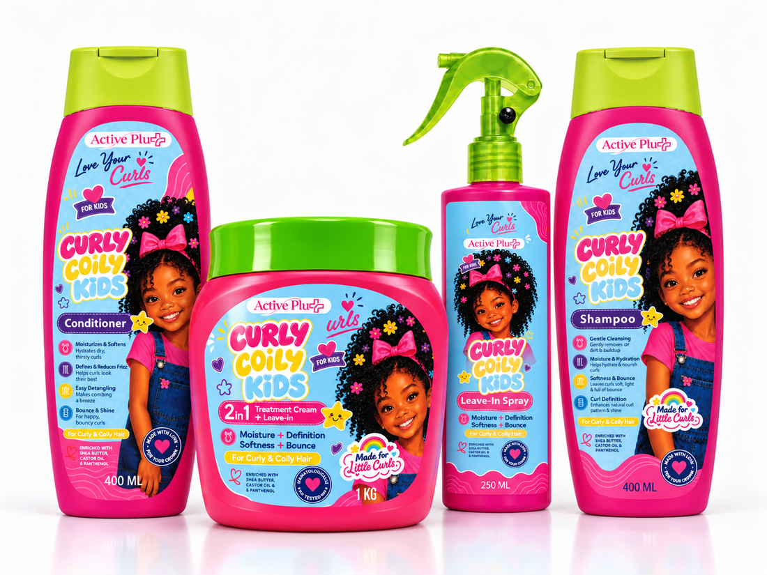 Active Plus Curly Coily Kids 4-Piece Hair Care Set, Shampoo 400 ml, Conditioner 400 ml, Treatment Cream 1 kg, Leave-In Spray 250 ml